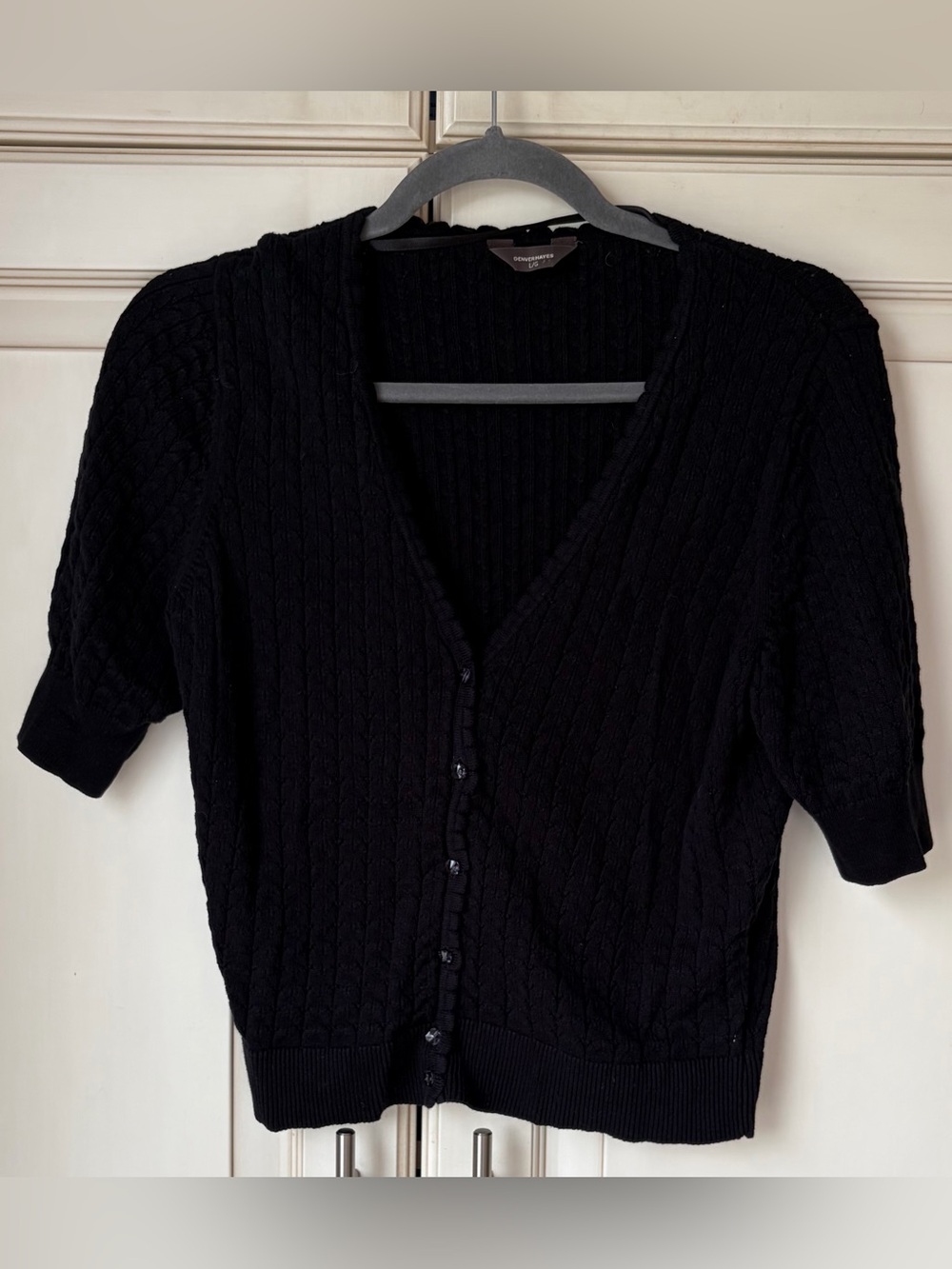 🍋 Denver Hayes Black Cable-Knit V-Neck Short Sleeve Cardigan. Large.